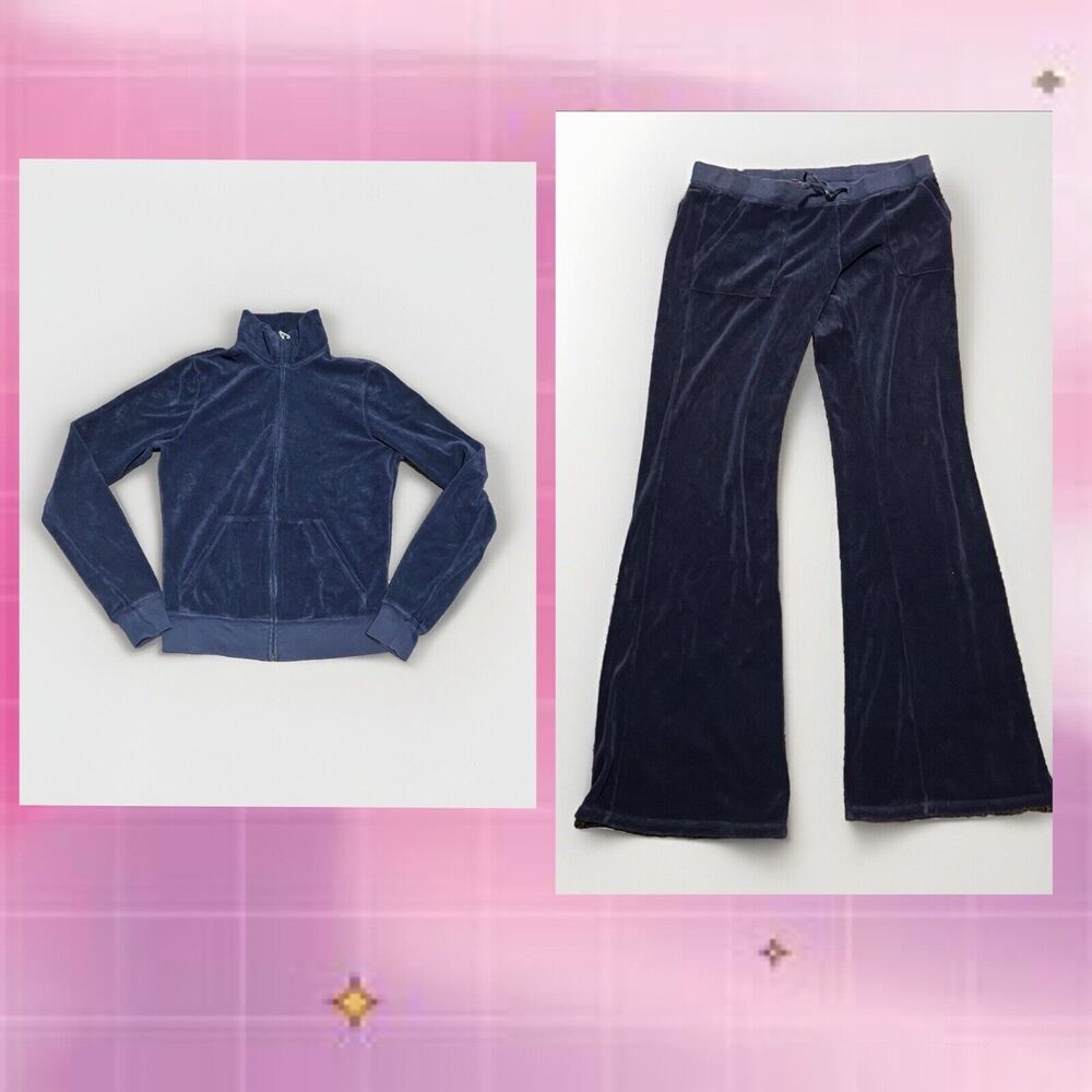 RARE Y2K Juicy Couture Velour Navy Tracksuit Warmup 2 PC S - M Set Track Suit